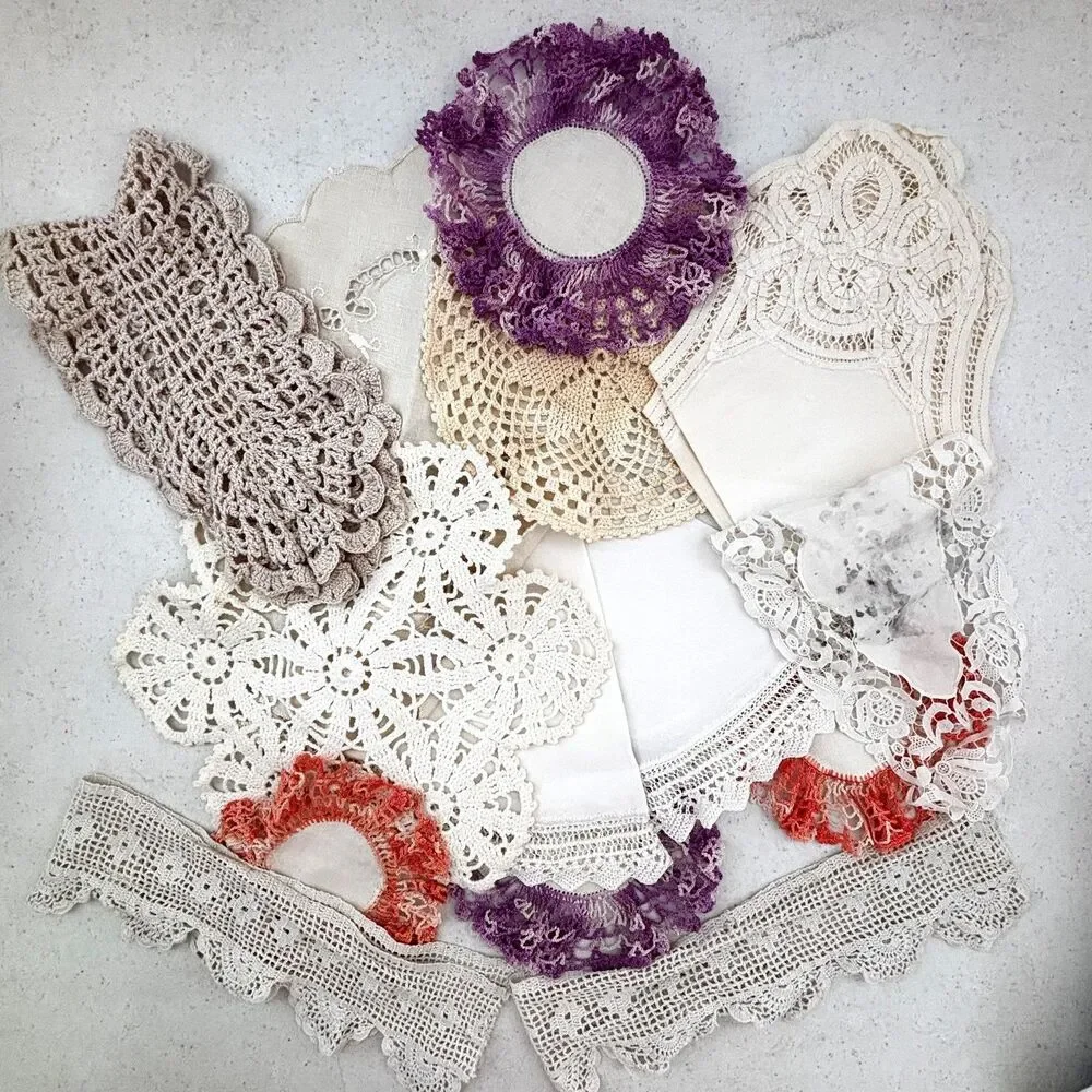 Vintage Cutter Linen Lot Doilies Eyelet Crochet Cottagecore Crafts Sewing